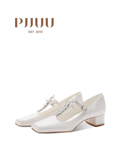 PJJUU white Mary Jane cheongsam thong buckle shoes - KOTA.