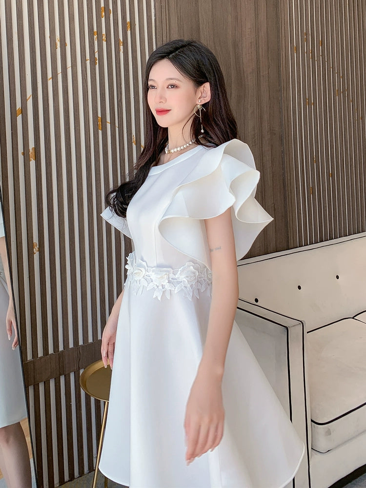 DOLLY Elegant White Slant Collar Short Ruffle Sleeves Midi A-Line Dinner Dress-CRYSTA
