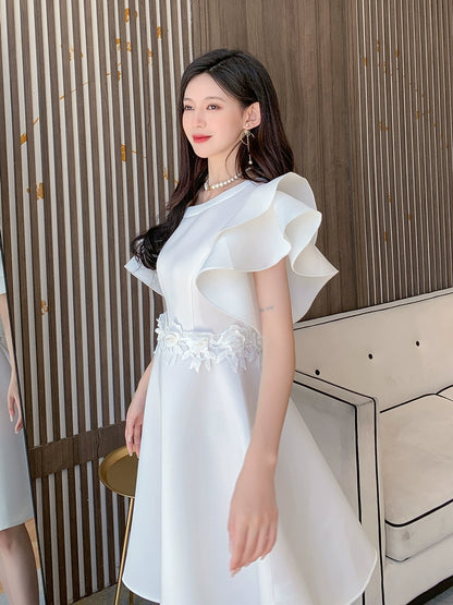 DOLLY Elegant White Slant Collar Short Ruffle Sleeves Midi A-Line Dinner Dress-CRYSTA