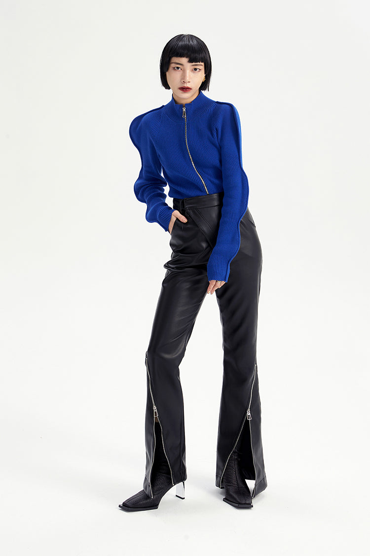 TINY IN zippered flared floor-length leather high waist pants -KON