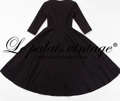 Le Palais Vintage Elegant Retro Long Sleeves Plain Mid Skirt Black  Long Cocktail Hem Dress-Aurora
