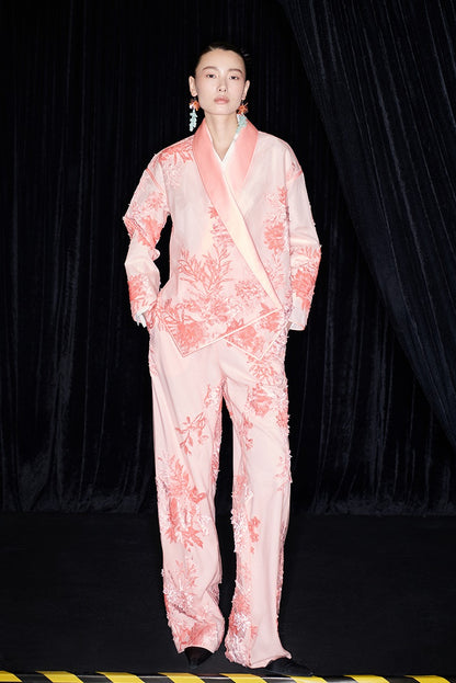 M essential Mackay designer brand falling flower embroidered fabric layered loose robe - BEAST.