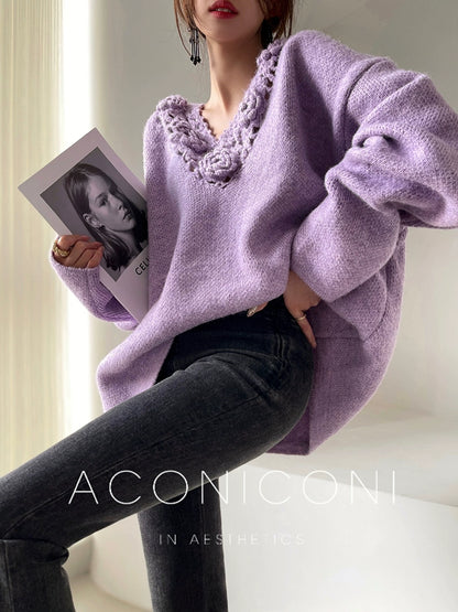 Aconiconi|Purple Flower Crochet openwork long cropped loose wool knit sweater  dress - Twilight