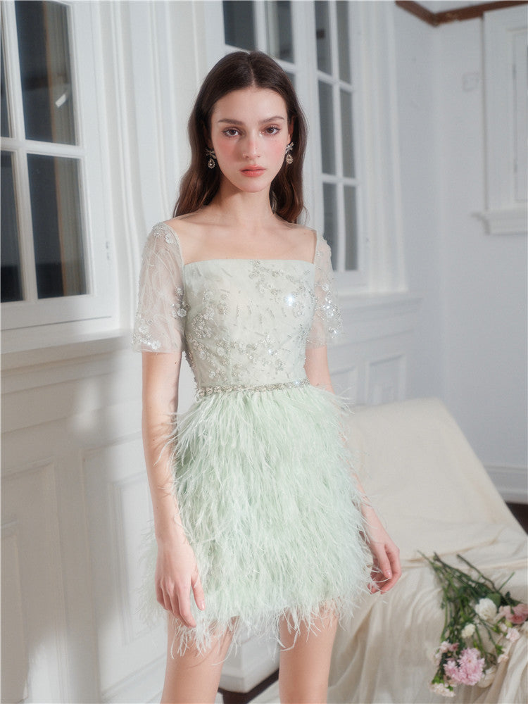 Wardrobes by Chen Luxury Mint Square Neck Lace Short Sleeve Cocktail Dress-Saint