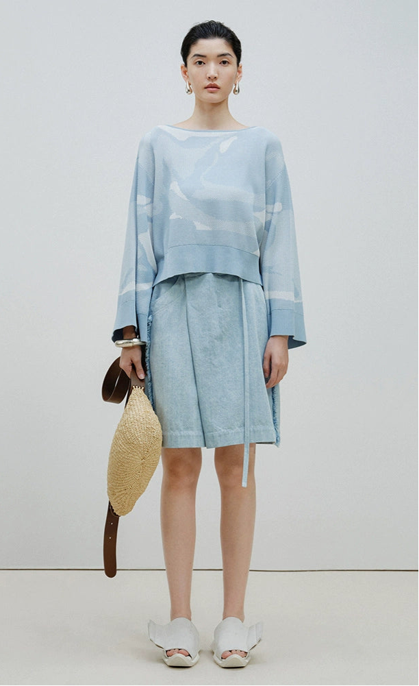 ZHUCHONGYUN blue raw edge loose denim belted shorts - KURT.