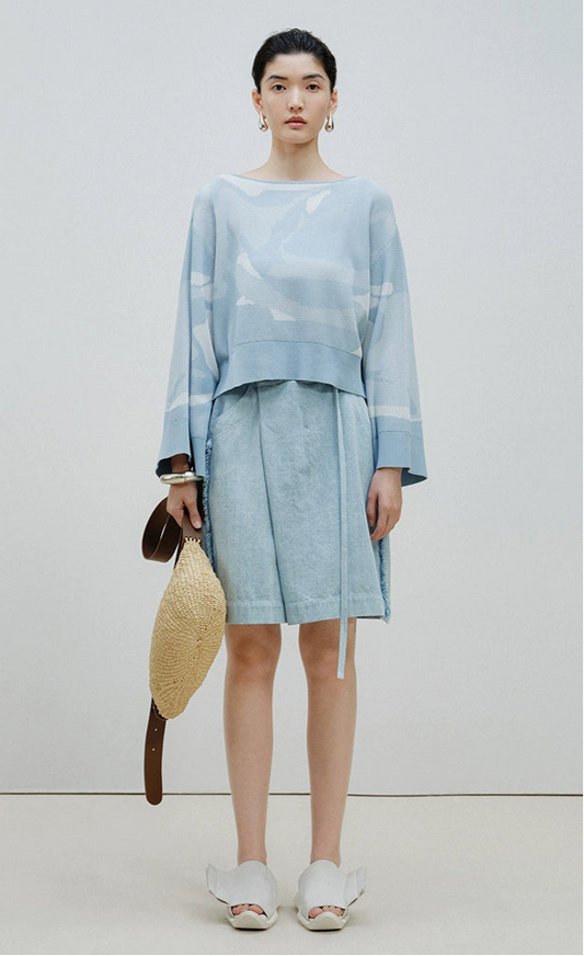 ZHUCHONGYUN blue raw edge loose denim belted shorts - KURT.