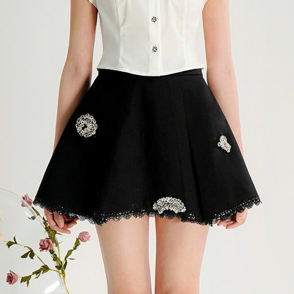 CHECOCRE Elegant Black Versatile Nail Diamond High Waist Thin Pleated Skirt - SONIA