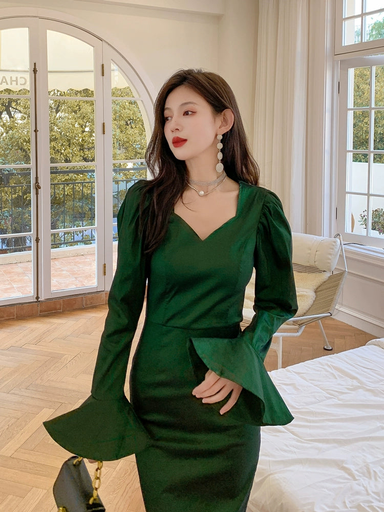 DOLLY High End Green Square Collar Long Sleeve Slim Fit Long Dress-MALU