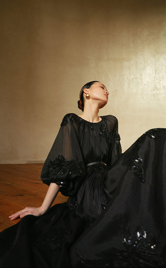 LE VENT&TES AILES Luxury Elegant High-End Hand-Beaded 3d black Dress - VERA