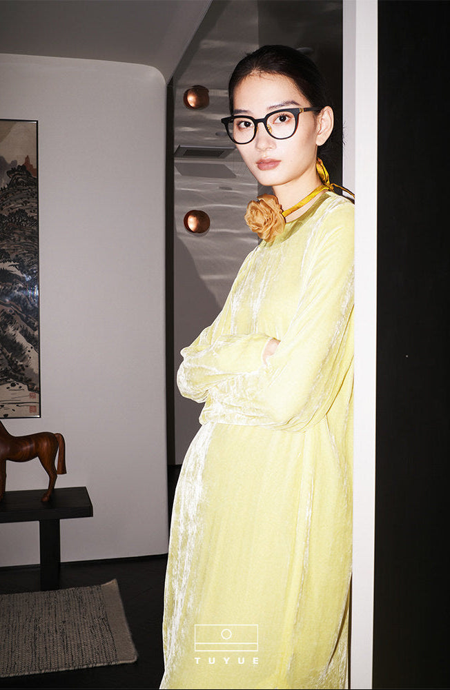 TUYUE Sustainable Fashion Silk Velvet Pine Color Drape Dress- DAVID.