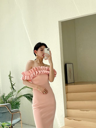 DOLLY High End Retro Style Pleated Off Shoulder Slim Fit Dinner Dress-JOLA