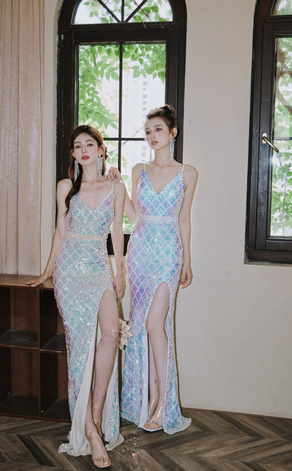 DOLLY High End Sleeveless V-Neck Sequin Long Slim Fit Slit Banquet Dress-ERICA