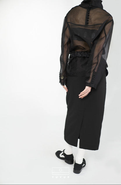 TUYUE Black Retro Slit Straight Hip Skirt - JAKE.