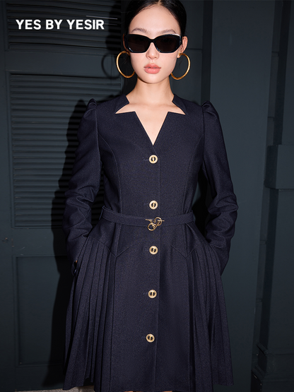 YES BY YESIR  pleated long sleeve midi denim dress  - DELILAH.