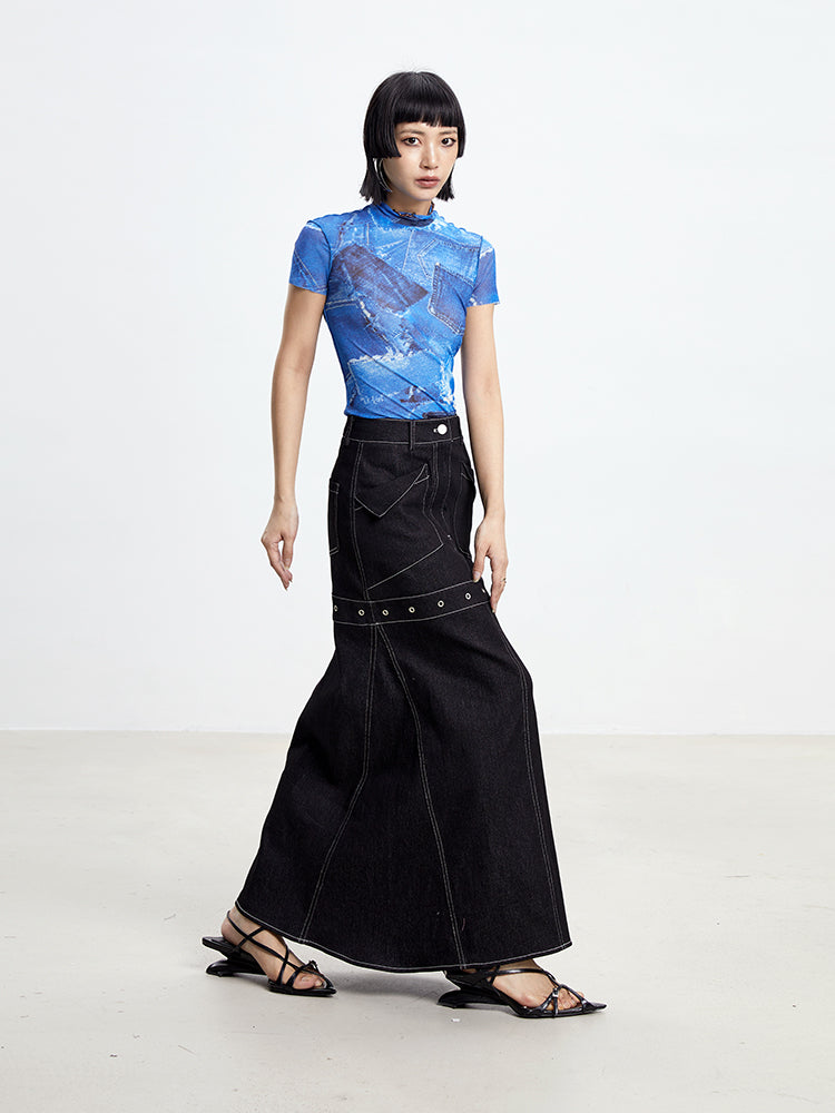 TINY IN denim print sun protection mesh long short sleeve t-shirt -IHU