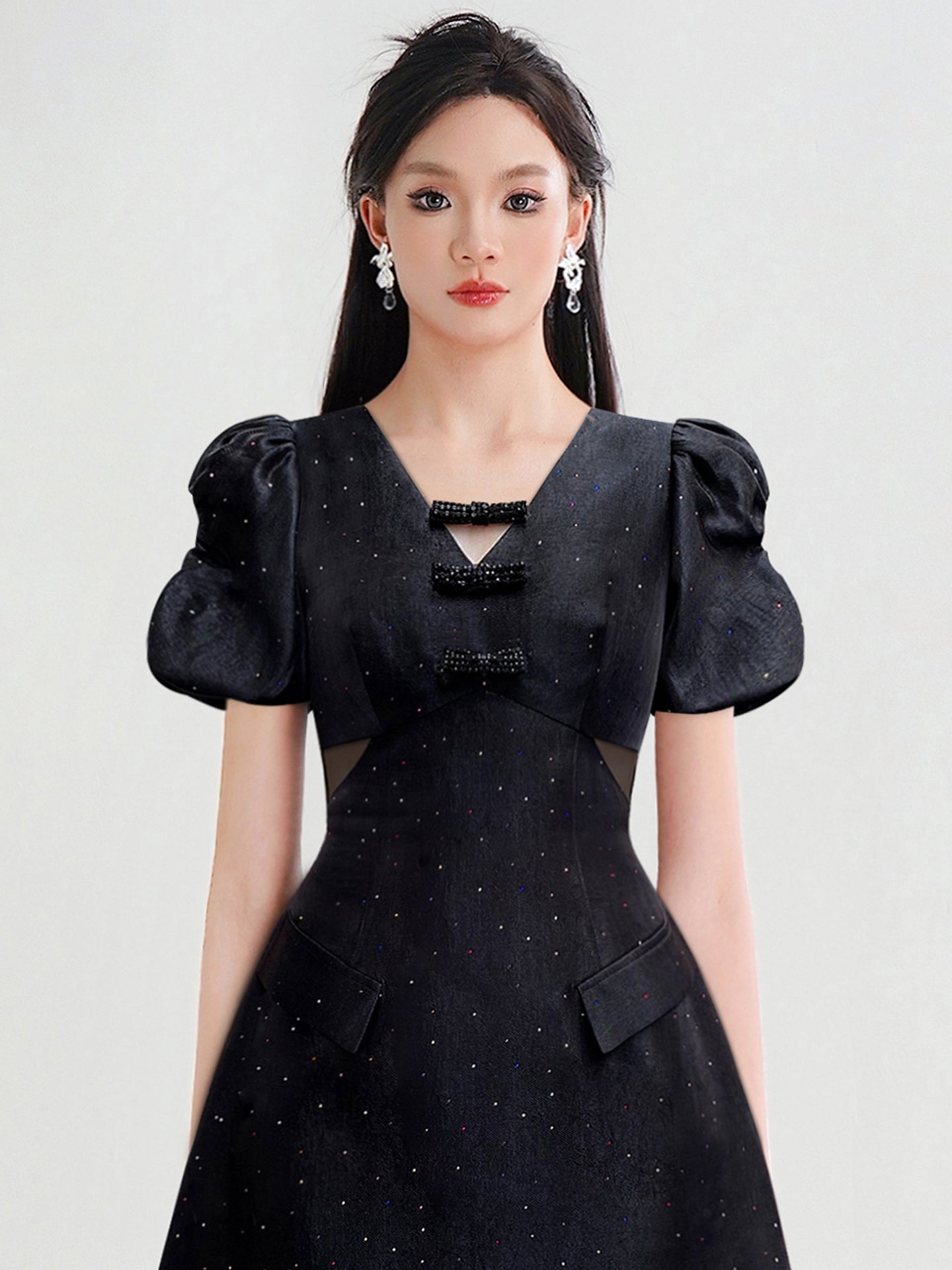 CHECOCRE Stubble design V-neck fashion high-waisted puff sleeve hot diamond craft dress -BOW.