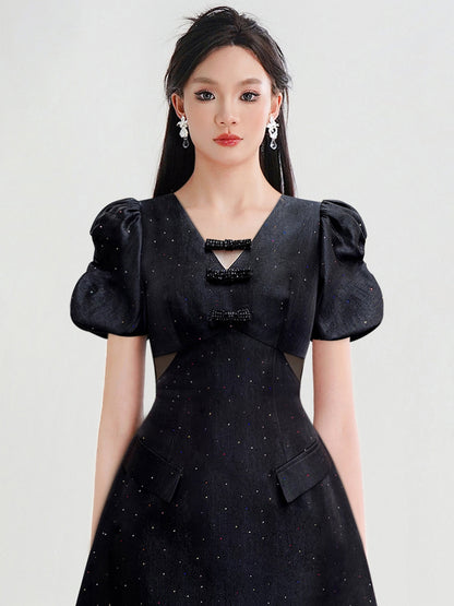 CHECOCRE Stubble design V-neck fashion high-waisted puff sleeve hot diamond craft dress -BOW.