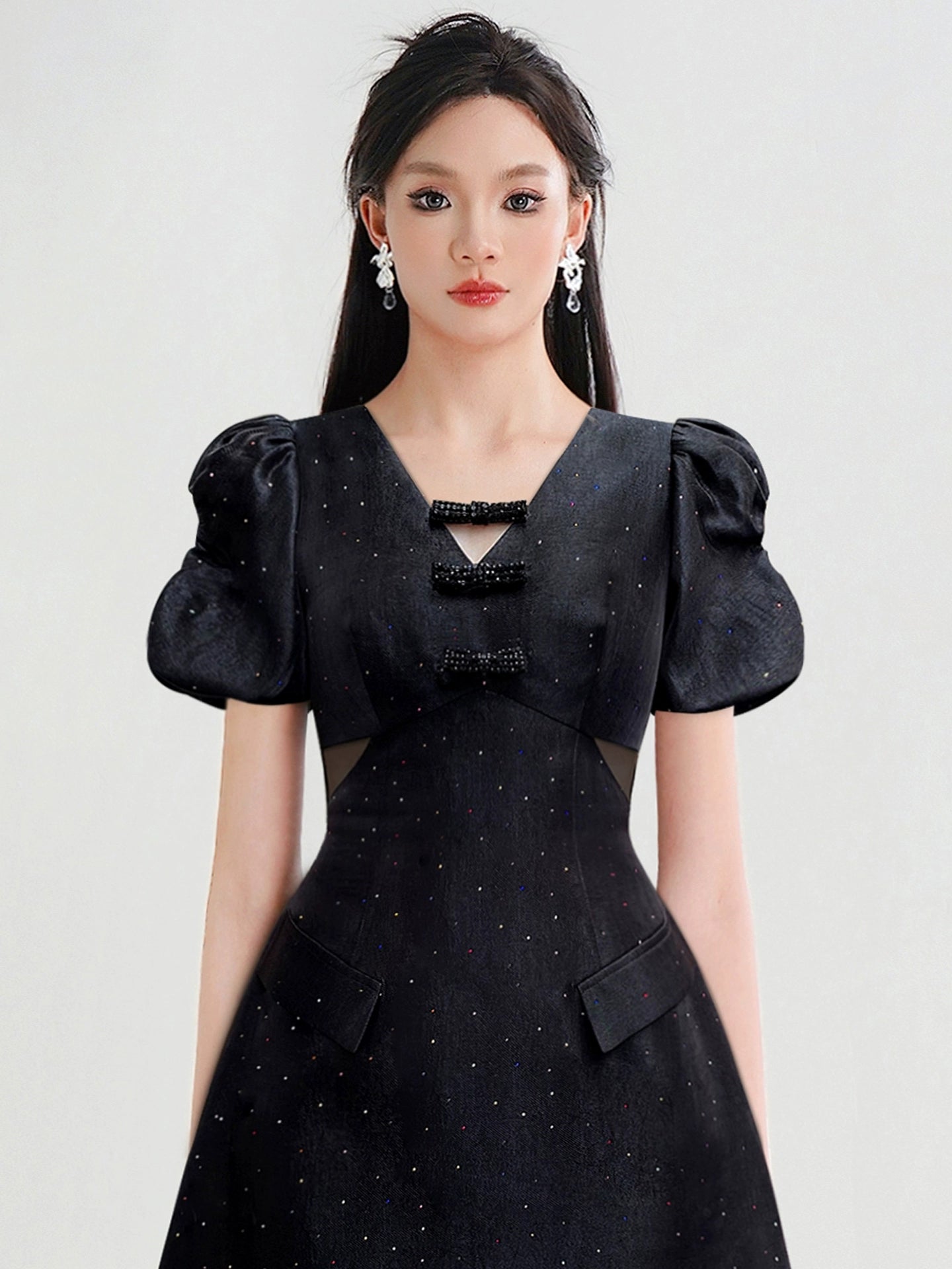 CHECOCRE Stubble design V-neck fashion high-waisted puff sleeve hot diamond craft dress -BOW.