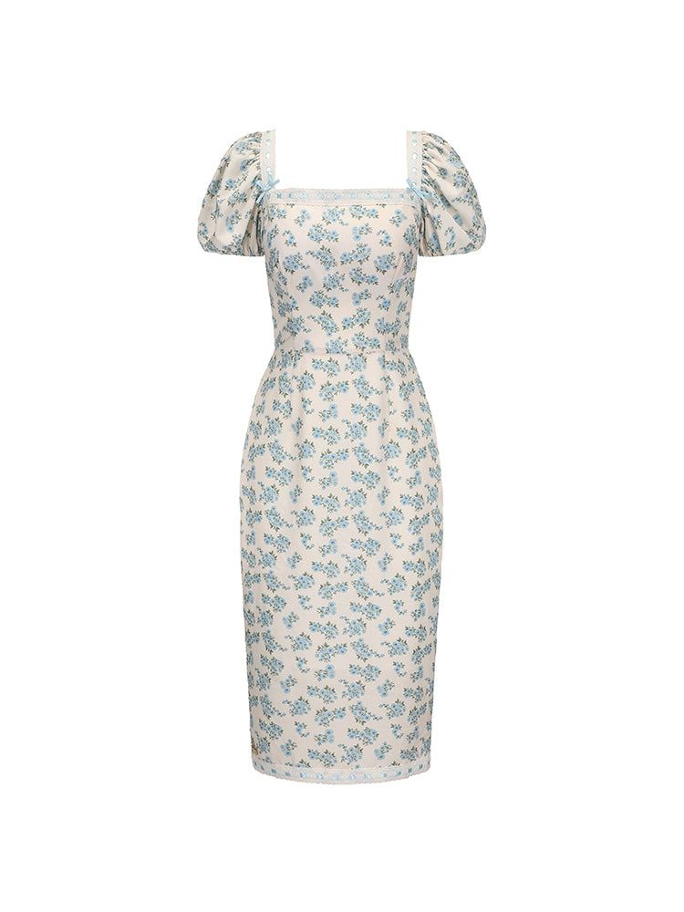 Le Palais Vintage blue floral princess square neck dress-ITSUKA