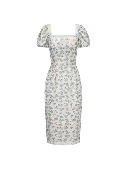 Le Palais Vintage blue floral princess square neck dress-ITSUKA