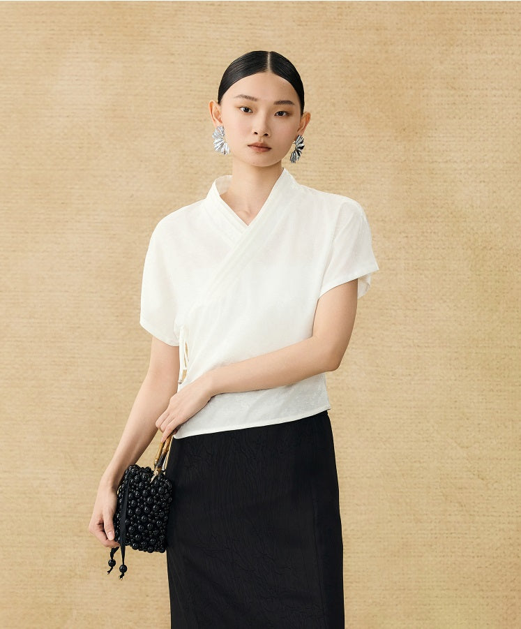 HECO Chinese style summer new slanted V-neck pinch pleated shirt - ASSURE .