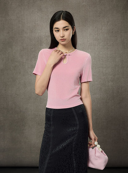 HECO Acetate Knit Buckle Cool Crop Short Sleeve Top - ENGAGE.