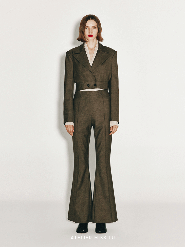 ATELIER MISS LU Retro Modern Long-legged Sheep Wool Flared Pants - HEATHER