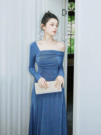 DOLLY Luxury Fog Blue Pleated Off Shoulder Slant Collar Long Sleeve Banquet Dress-MAYA
