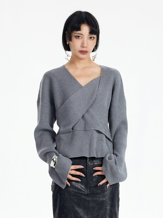 TINY IN original design cross-twisted gray wool knit women's shoulder sweater-QUE