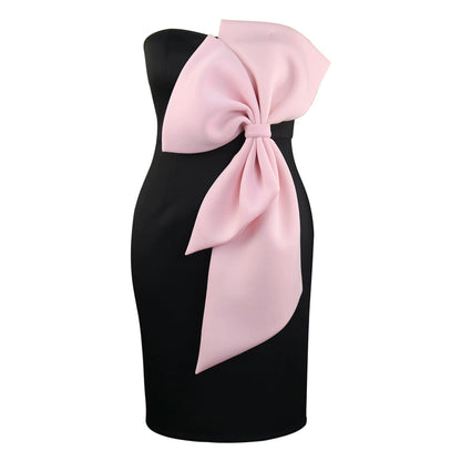 DOLLY Luxury French Style Chest Wrap Pink Bow Body Hug Black Cocktail Dress-ARETE