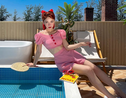 Le Palais  Red Small Padded Sleeve Short Top High Waist Shorts-GAM.