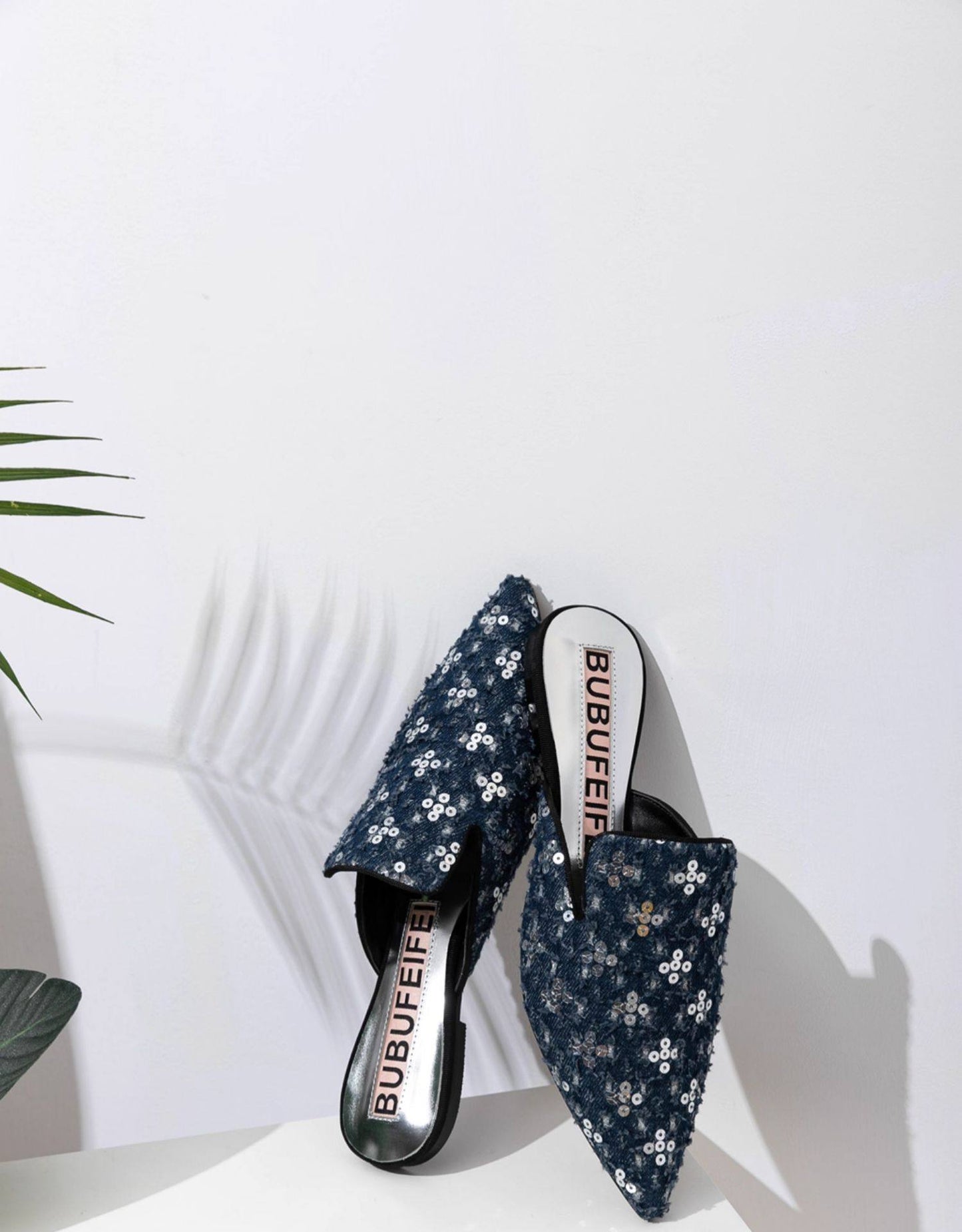 B-FEI'S Denim Sequin Pointed Toe Casual Flat Mules-MATT.