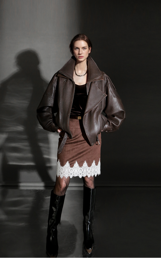 PIAOIN French Romantic Lace Trim Design Suede Skirt Women's Retro Hip Lace- FREY