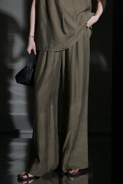 PIAOIN texture linen silk stand up collar sleeveless t-shirt women's straight pants - ARIA