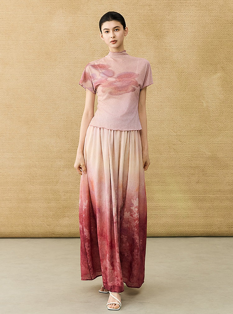 HECO Chinese Gradient Blended Lightweight Summer Print High-Waisted Skirt - AVEL.