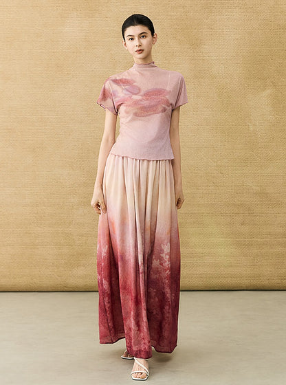 HECO Chinese Gradient Blended Lightweight Summer Print High-Waisted Skirt - AVEL.