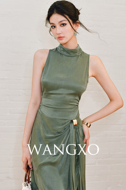 WANGXO | Luxe Cupro Maxi Sleeveless Drape Dress -ISOLINA.