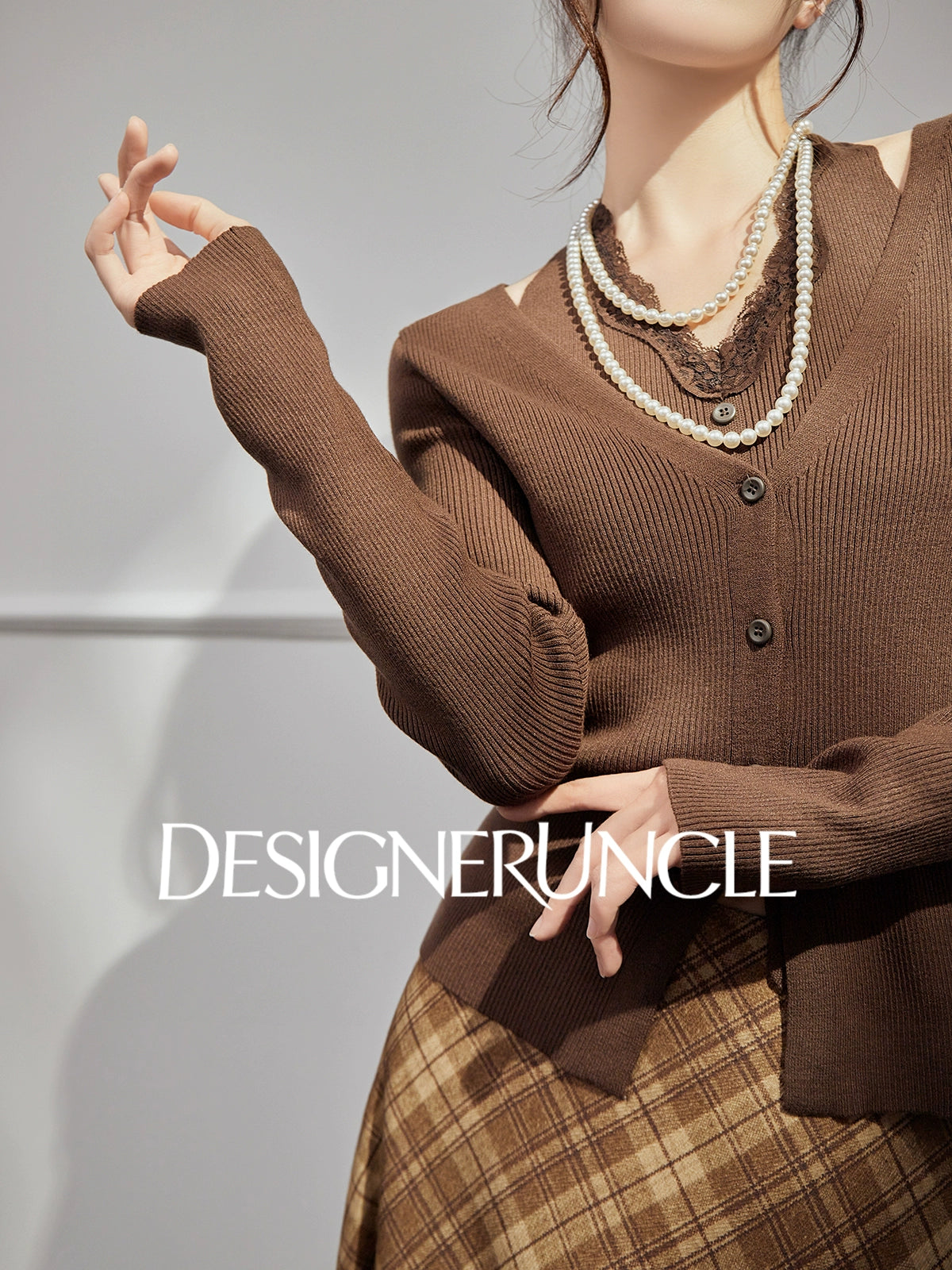 DGU "Hazel Shadow" coffee knitted sweater retro long-sleeved top - SEIGE.