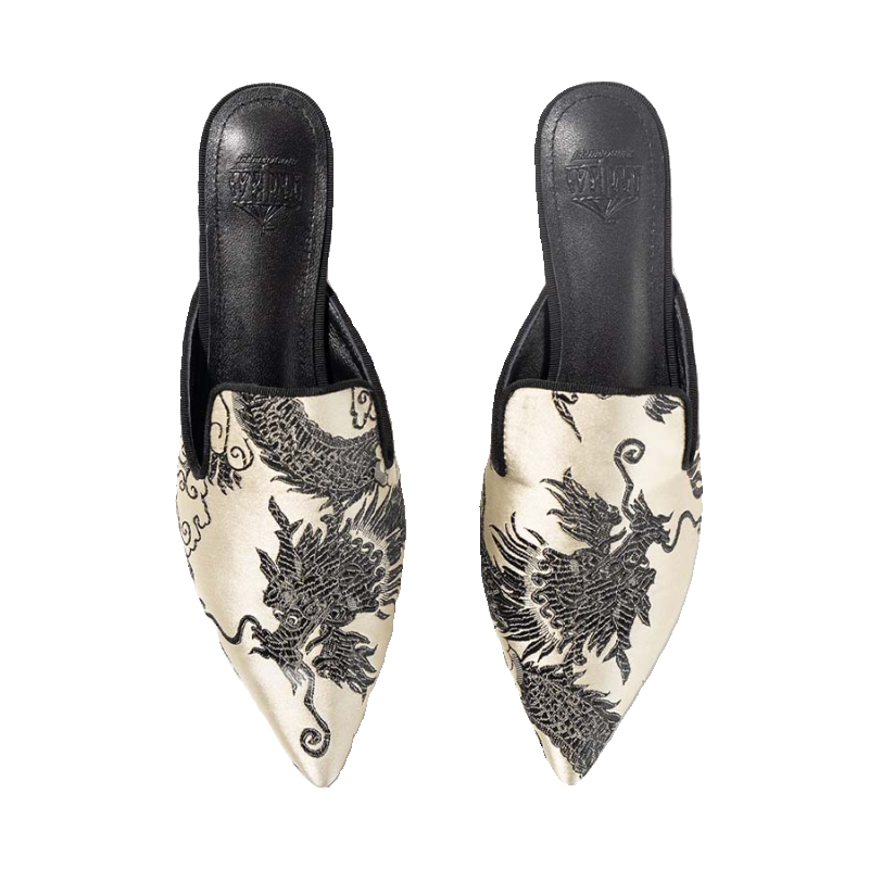 B-FEI Chinese dragon pattern embroidered kitten heel mules-JOER.