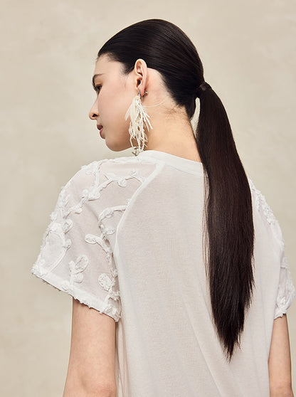 HECO High-grade disc flower stitching short sleeve white lace sleeve top - GLORY.
