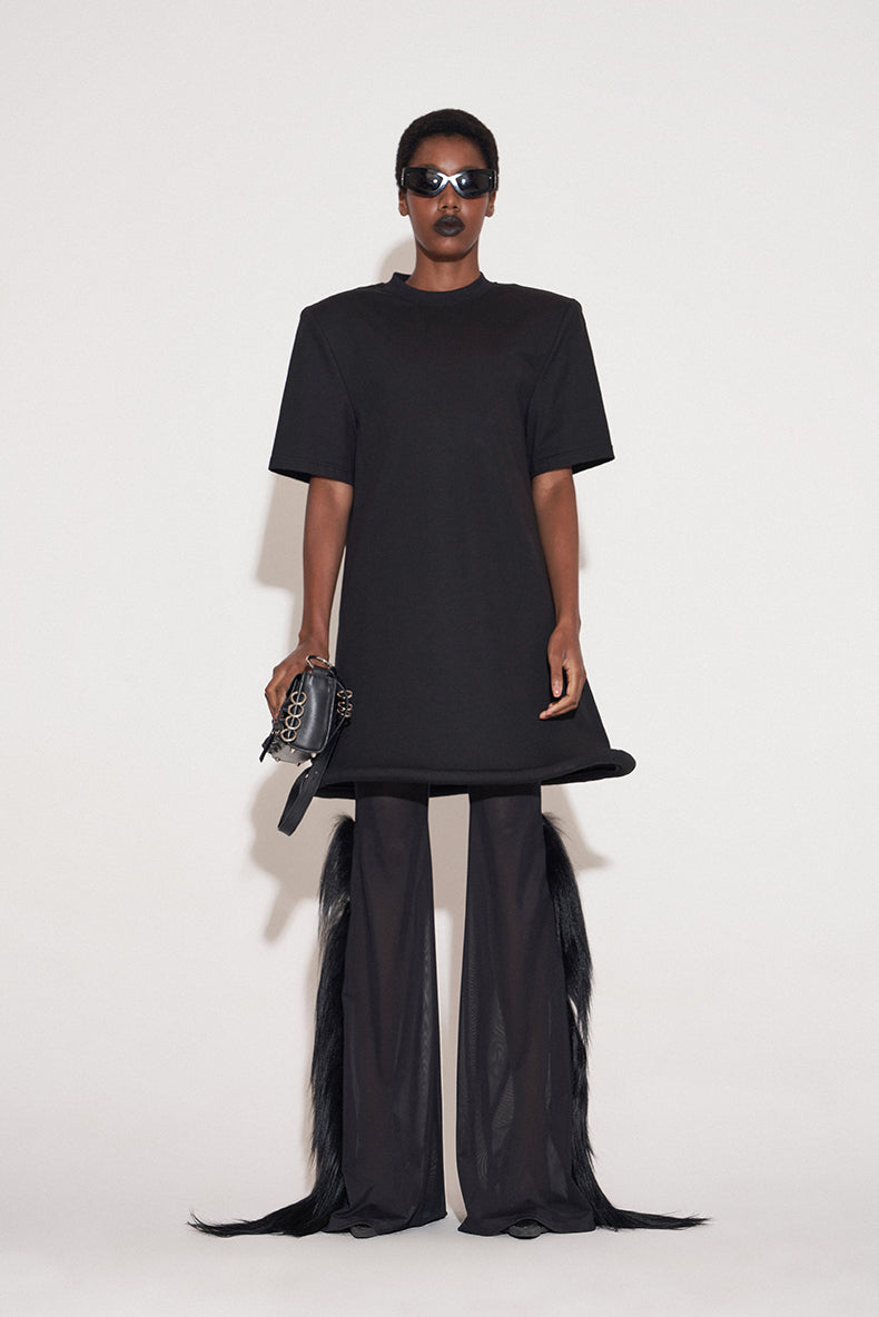 ANNAKIKI Black Saucer Hem Shoulder Padded Loose Dress-SHIRA