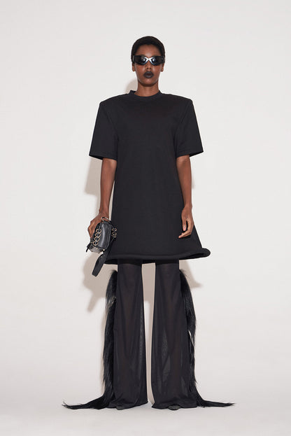 ANNAKIKI Black Saucer Hem Shoulder Padded Loose Dress-SHIRA