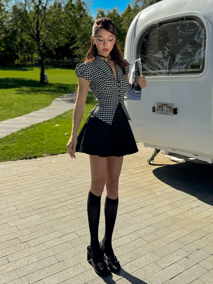 Le Palais Vintage Black & White Plaid Slim Puff Sleeve Shirt-ARARAGI.