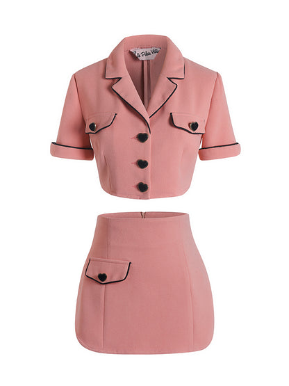 Le Palais Vintage  Peach Pink Small Fragrance Crop Top + Skirt Set-BEN