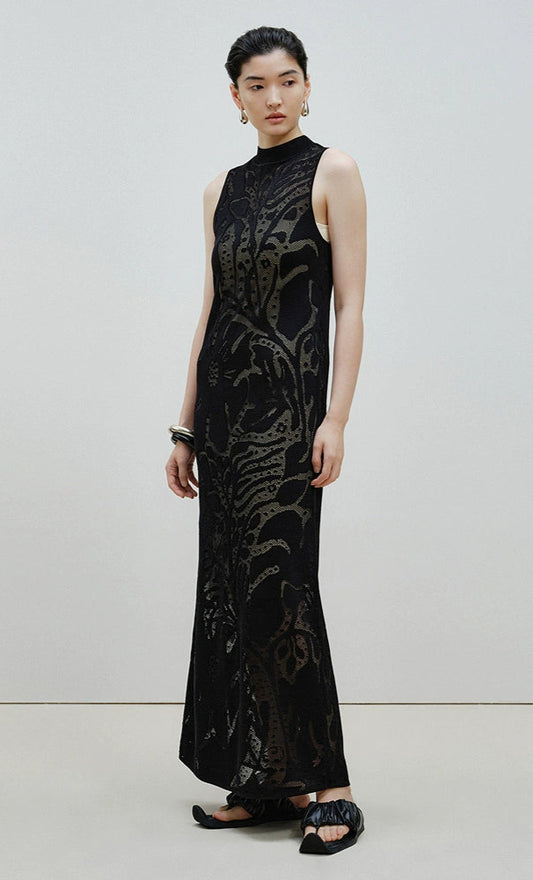 ZHUCHONGYUN Oriental Craft Sleeveless Mock Neck Maxi Knit Dress-OUMA.
