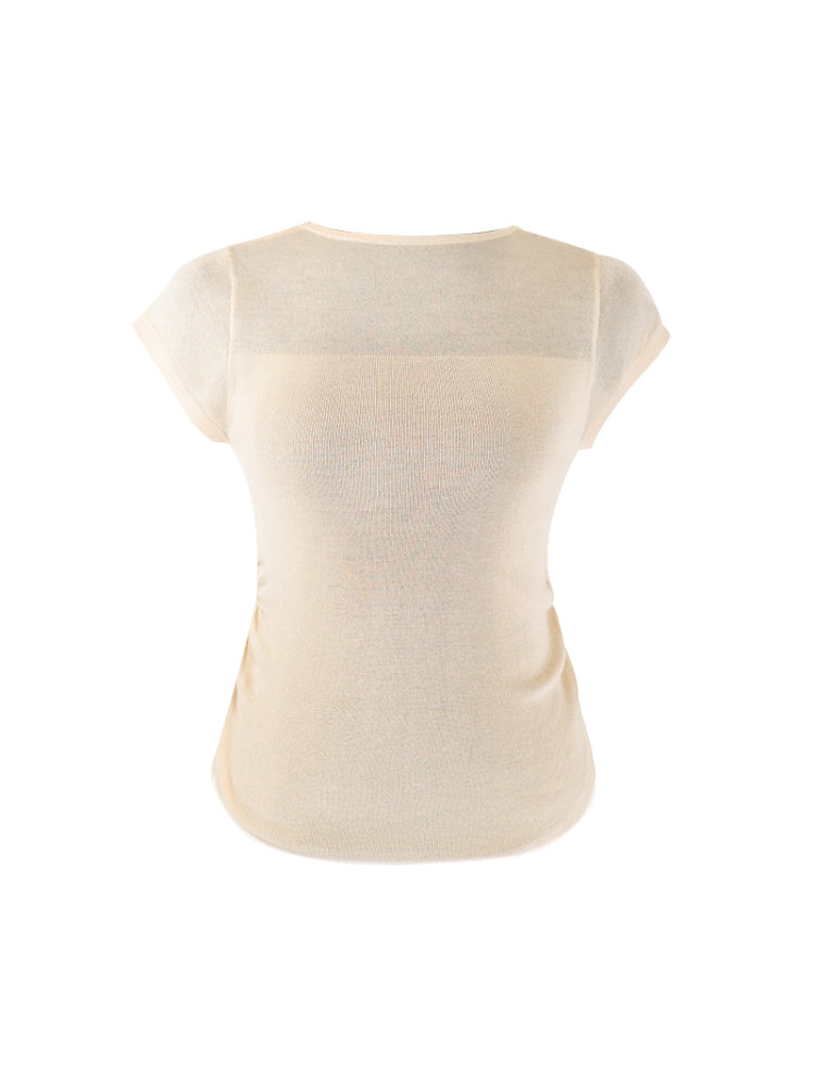 HECO Chinese style slightly transparent round neck knitted short sleeve T-shirt -BING.