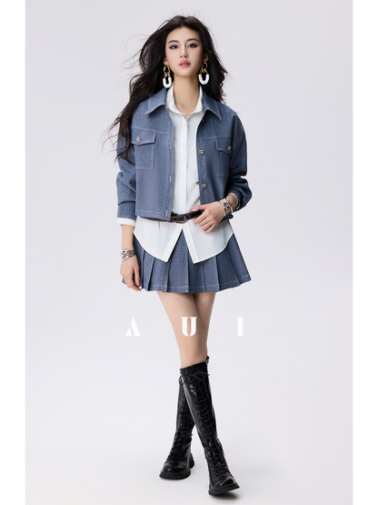 AUI  Lapel Jacket Short Jacket Pleated Skirt Two-Piece Set -  Ha-Jun