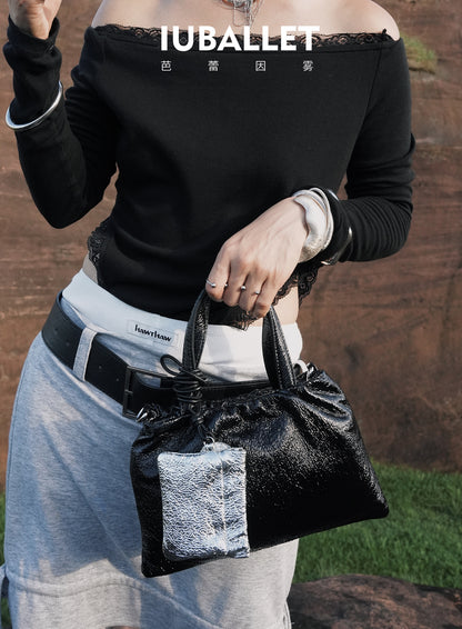 IUBALLET black and white sequence real sheepskin contrast tote bag - BLUE.