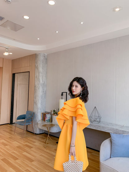 DOLLY Luxury Retro Style Crew Neck One Shoulder Ruffle Sleeves Midi Office Dress-CLAUDI