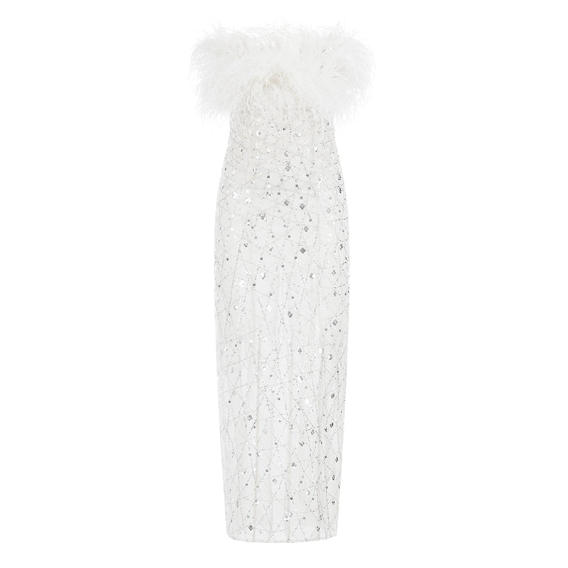 Wardrobes by Chen  luxury wedding White Haute Couture Feather Sequin Dress-Masa